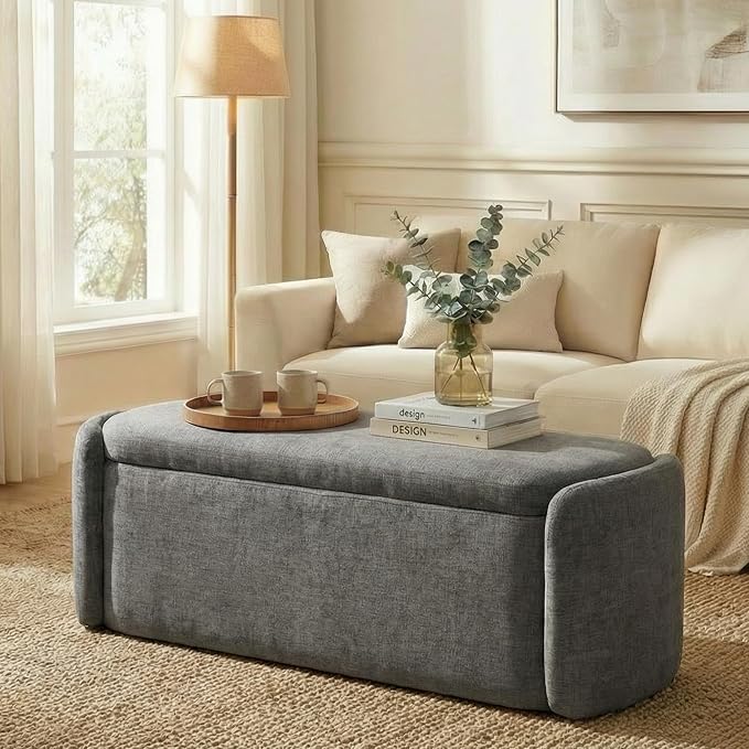 VKNOW Storage Bench, Upholstered Storage Ottoman Bench with Hinge, Grey | Ottoman Bench with Large Capacity, Curved Frame, Soft Fabric, Storage Bench for Bedroom, Living Room, Entryway, Window