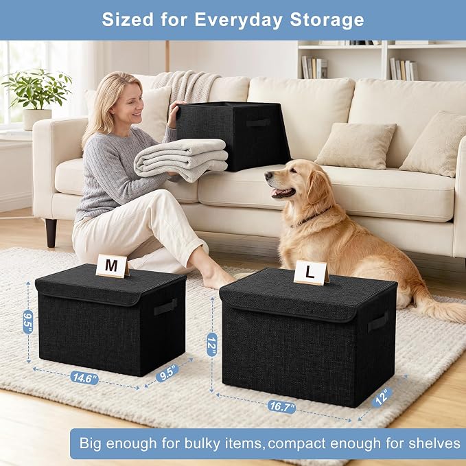 Bagnizer Large 22 Quart Linen Fabric Foldable Storage Bin Cube Organizer Basket with Flip-Top Lid & Handles, Clothes Blanket Box for Home, Office, Closet, Black, 4 Pack 14.6 x 9.5 x 9.5”