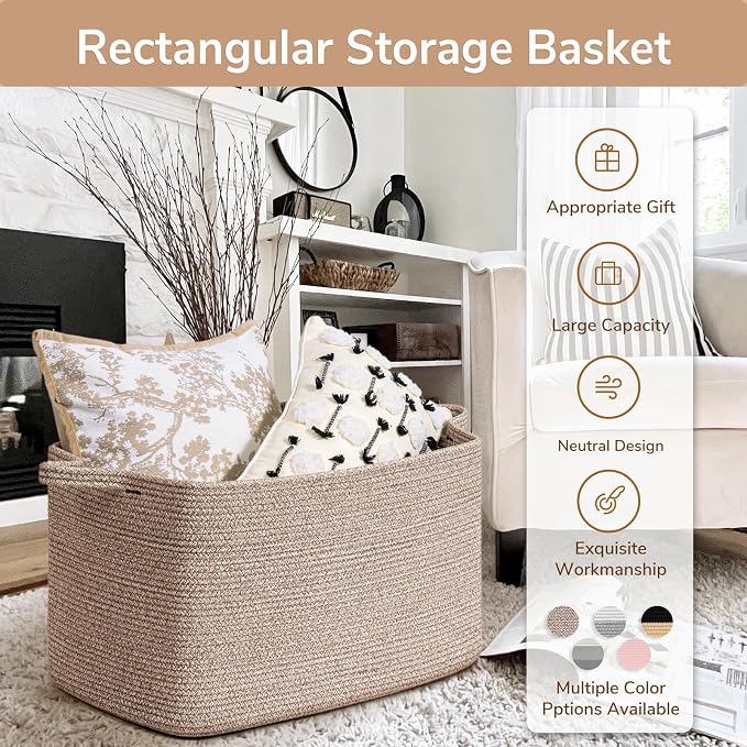 Goodpick Extra Large Woven Blanket Basket, Rectangle Storage, Brown | 85L, 23.6 x 15.7 x 13.8 in, Cotton Rope, Living Room, Bedroom & Nursery Organization, Blankets, Toys & Clothes Storage