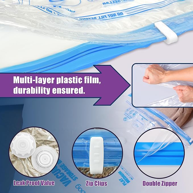 XXL Jumbo Vacuum Seal Storage Bags Extra Large for Clothing Bedding | 47''X35'', Airtight Triple Seal, Save 80% Space, Hand Pump, Work with Vacuum, Double Zip, Reusable, Easy to Use, 4 pack