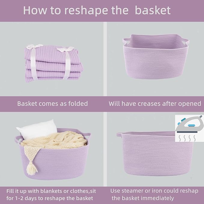 XUANGUO Large Woven Cotton Rope Blanket Basket 22"x17"x12" Lavender Purple | Storage basket for nursery and living room; toy basket for kids, laundry basket for clothes and towels, or gift basket.