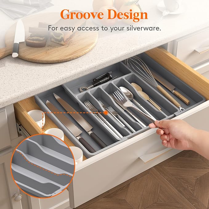 Lifewit Silverware Drawer Organizer, Expandable Utensil Tray for Kitchen, BPA Free Flatware and Cutlery Holder, Adjustable Plastic Storage for Spoons Forks Knives, 33 -57 x 42cm, Gray
