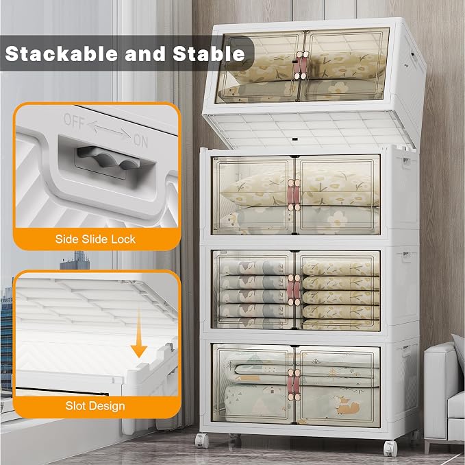 UAMFURI 700QT Stackable Storage Bins with Lids, Storage Cabinet with Wheels | Clear Doors Lockable Storage Bins Collapsible Closet Organizer for Space Saving Easy Assembly Extra Large Capacity Heavy Duty