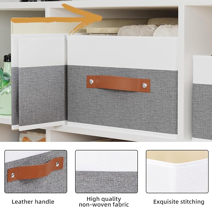 Fabric Storage Boxes,16.1×9.8×6.5In,White/Grey Bins,6Pack | Storage Baskets with Handles,Collapsible Clothing Bins,Fabric Drawers,Closet Organizer for Shelves Wardrobe