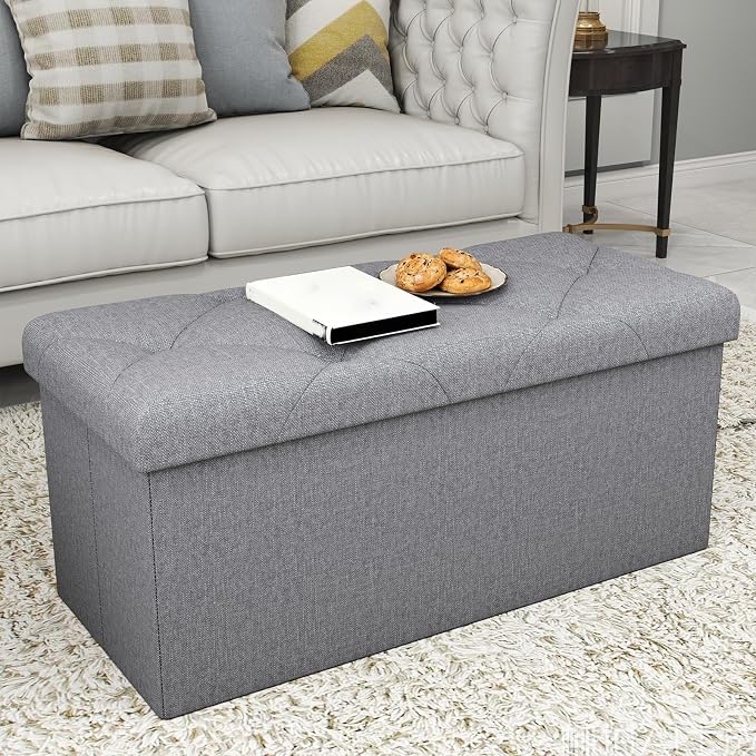 43 inch Storage Ottoman Bench, 30 inch Folding Storage Bench Ottoman, for Bedroom, Living Room, and Utility Room, Grey