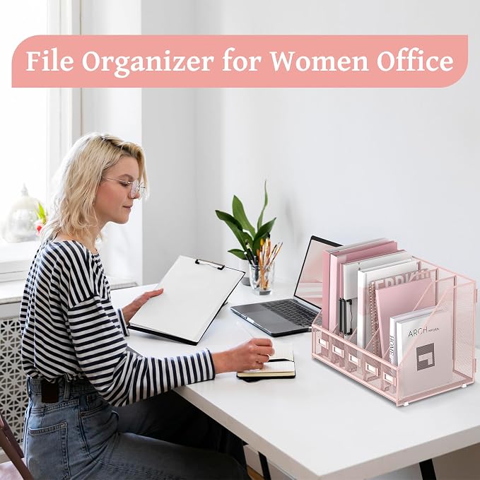 SUPEASY Desk Organizers Metal Desk Magazine File Holder with 5 Vertical Compartments Rack File Organizer for Office Desktop, Classroom, Home Workspace, Pink