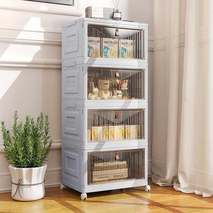 4 Tier Stackable Plastic Storage Bins with Lid and Wheels - 23 QT Closet Organizers and Storage, Foldable Storage Containers, Organization and Storage Boxes for Craft, Home, Pantry, Dorm, Grey