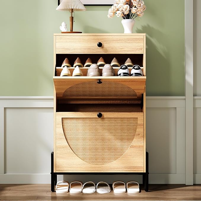 IRONCK Narrow Shoe Cabinet with 2 Flip Drawers and Rattan Doors, Oak | Shoe Storage Cabinet for Entryway, Free Standing Shoe Storage Organizer, Adjustable Shelves, Shoe Rack Cabinet