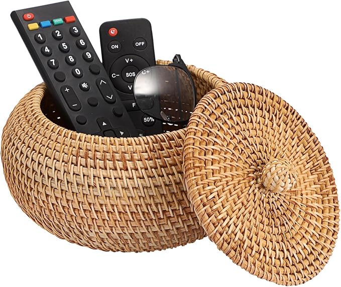 Hipiwe Handwoven Rattan Basket Round Round Wicker Storage Box | Decorative Shelf Baskets Multi-purpose Natural Basket Box for Remote Control Bread Candy Farmhouse Picnic Baskets