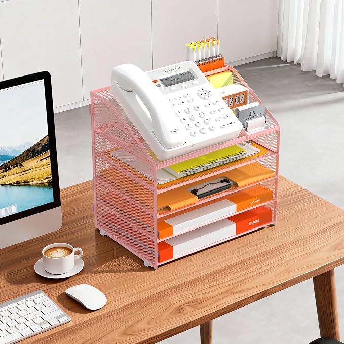 DocNest 5 Tier Metal Mesh Desk File Organizer with Phone Shelf, Pink | Desktop letter tray sorter features a 9.1x9.1 inch top phone holder, built-in sticky note compartment and pen holder