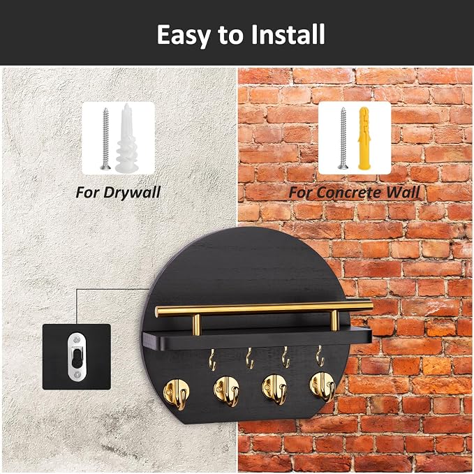 Nekon Key Holder for Wall - 9.8 Inch Apartment Wall Decor with Shelf and 8 Key Hooks, Circular Wood Key Hanger for Home Decor (Black with Golden Hooks)