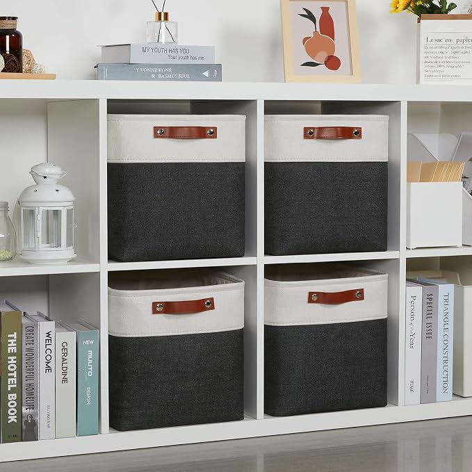 DULLEMELO Set Of 4 Cube Storage Bins, Fabric Storage Basket for Shelves Closet Storage, 12 Inch Collapsible Fabric Bins for Book Magazine Towel Organizers(4 Pack - 12" White&Black)