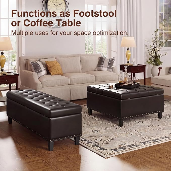 FiveWillowise 51 Inch Storage Ottoman Bench,Large End of Bed Storage Bench | Faux Leather Ottoman with Storage,30 Gallons,Upholstered,with Nailhead Trim,Legs,for Bedroom,Living Room,Entryway,Chocolate