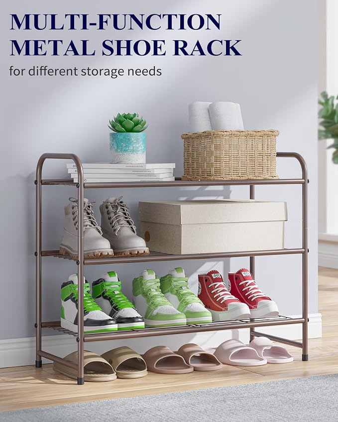Kitsure Shoe Rack - Stainless Steel Shoe Organizer, Sturdy Shoe Rack for Closet and Front Door Entrance, Free Standing Shoe Shelf, Closet Organizers and Storage, 25.6" Wide - 3 Tier, Brown | Sturdy Shoe Rack for Closet and Entryway, Free Standing Shoe ...