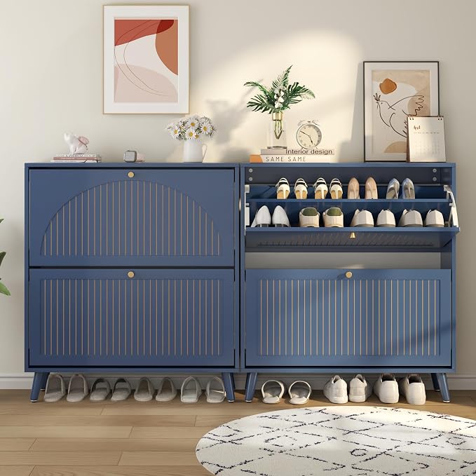 Fsbecl Shoe Storage Cabinet for Entryway with 2 Flip Drawers, Narrow Wood Shoe Cabinet with Fluted Panel, Freestanding Hidden Shoe Organizer for Hallway