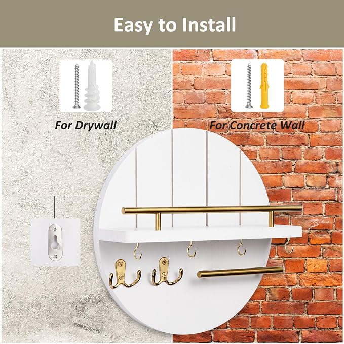 Nekon Key Holder Wall Mount, 11.8 Inch Rack With Shelf and 6 Hooks, Rustic Mail Organizer, Circular Wooden Hanger for Entryway Hallway Kitchen (White&Gold)