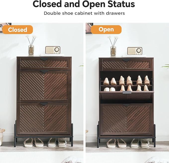 Shoe Cabinet with 2 Flip Drawers, Narrow Entryway Rack, Brown | Slanted Wood Grain, Freestanding, Adjustable Compartments, Removable Middle Shelf, Metal Handles, for Hallway Foyer Entrance