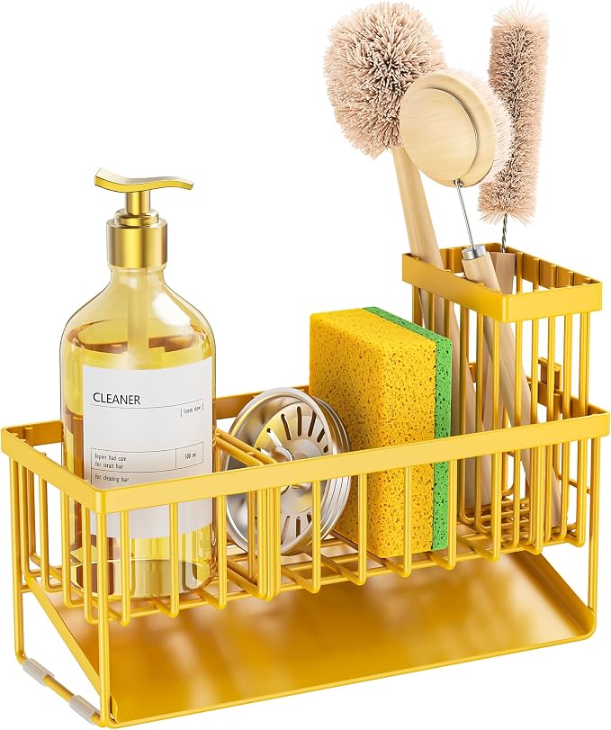 Cisily Lemon Yellow Sink Caddy Organzier with High Brush Holder, Sponge Holder for Sink, 304 Rustproof Stainless, Kitchen Countertop Soap Dispenser Organizer, Lemon Kitchen Decor and Accessories