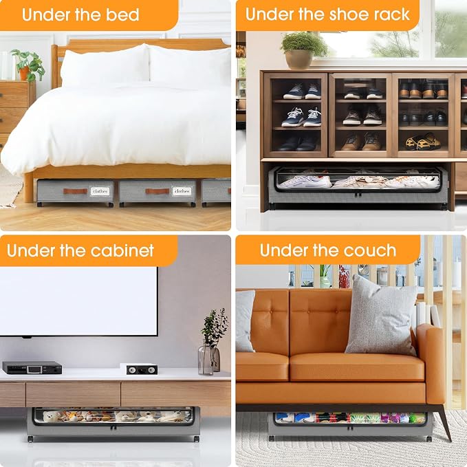 SpaceHacks Under Bed Storage with Wheels 3Pack Underbed Storage with Clear Window&Label Under Bed Drawers Large Capacity Rolling Under Bed Storage for Clothes,Shoes, Blankets (Light Grey)