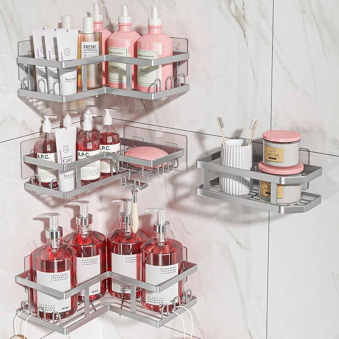 Youvip 4-Pack Adhesive Corner Shower Caddy with Soap Holder, No Drilling Wall Mounted Shower Shelves-Rustproof, Organizer for Bathroom, Kitchen & Home Decor. Silver