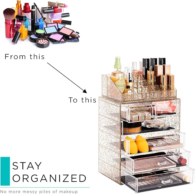 Sorbus Acrylic Makeup Organizer Set, 6-Drawer Vanity & Countertop Cosmetic Storage with Small & Wide Compartments, Glitter Makeup Storage for Brushes, Jewelry – Holiday Gift for Women & Teens