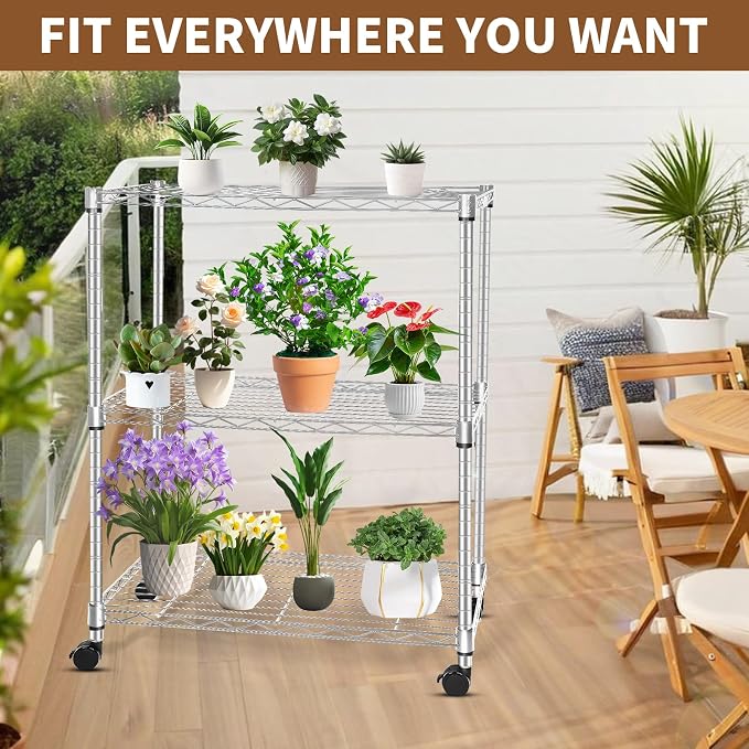 Whitmor 3 Tier Storage Shelving, Heavy Duty with Wheels, Adjustable Steel Organizer, 400 lbs Capacity per Shelf, Max 1200 lbs Total for Garage, Kitchen, Bathroom, 20" L x 14" W x 24" H, Chrome