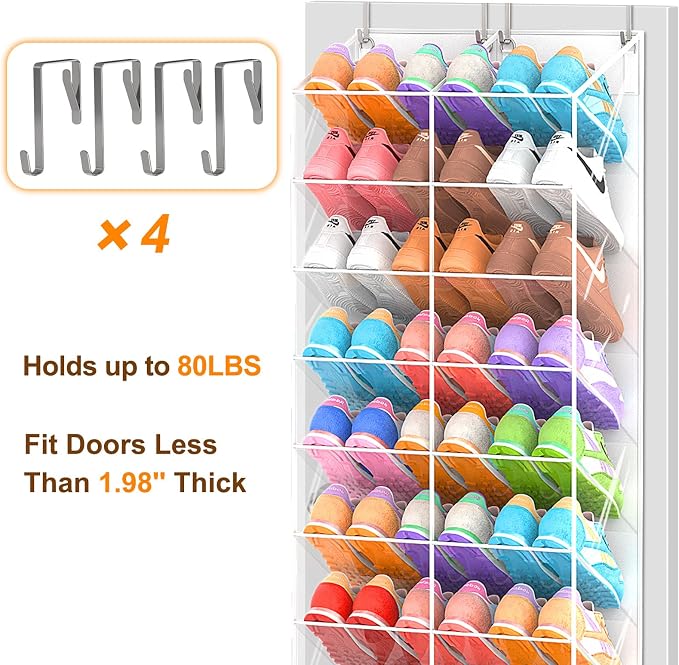 20-30 Pairs Over the Door Shoe Organizer, Transparent PVC Hanging Shoe Rack for Closet, 10-Tier Door Shoes Storage, Crystal-Clear Visibility Fit All the Family's Sneakers, Boots, Heels, White Frame