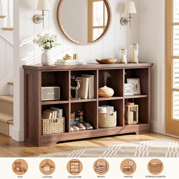Aheaplus Wooden 8-Cube Storage Organizer with Charging Ports, Modern Cube Bookcase with Base, 3-Tier Floor Standing Open Cubbies Bookshelf, Cubicle Display Shelf for Home and Office, Black Walnut