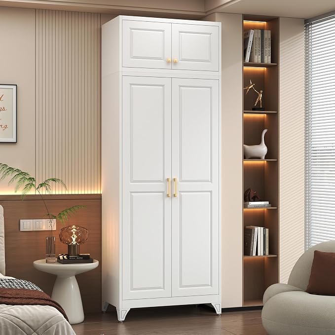 Polup 86" Tall White Metal Armoire Wardrobe Closet with Hanging Rod | Heavy Duty Steel Clothing Storage Cabinet, 4 Doors, 180lbs Adjustable Shelves, Shipped in 2 Packages for Bedroom, Garage