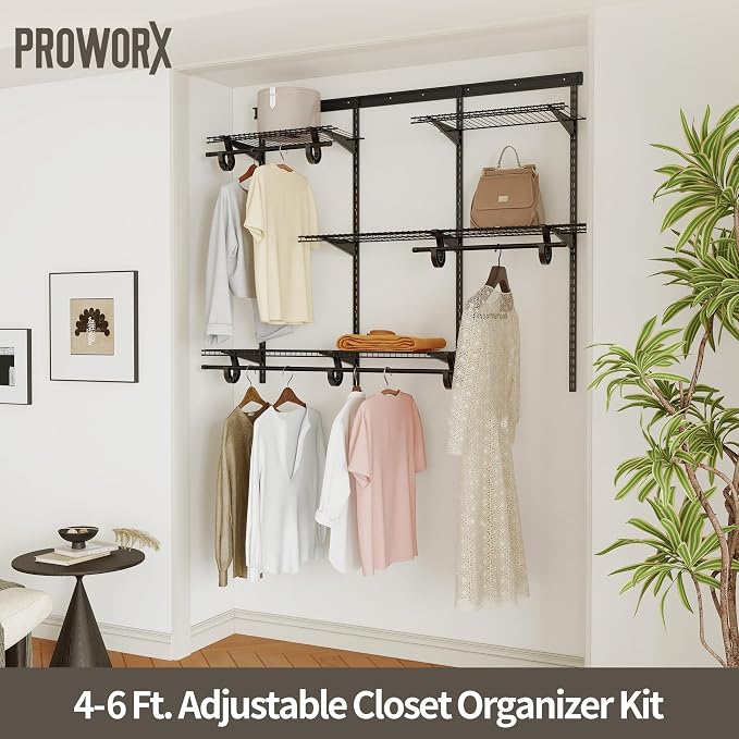 PROWORX 4-6 Ft. Charcoal Gray Custom Wire Closet Organizer System Kit | Adjustable Wall Mounted Metal Wire Closet Shelving System, Closet Shelves with Hanging Rods for Pantry Laundry Mudroom