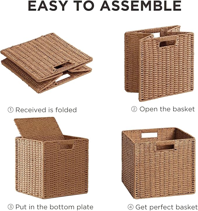 UBBCARE 3 Pack Wicker Basket, 11L×11H×10.5W inch Woven Paper Rope Storage Baskets for Shelves, Foldable Cube Storage bin with Handle, Storage Basket for Organizing & Decor,Caramel