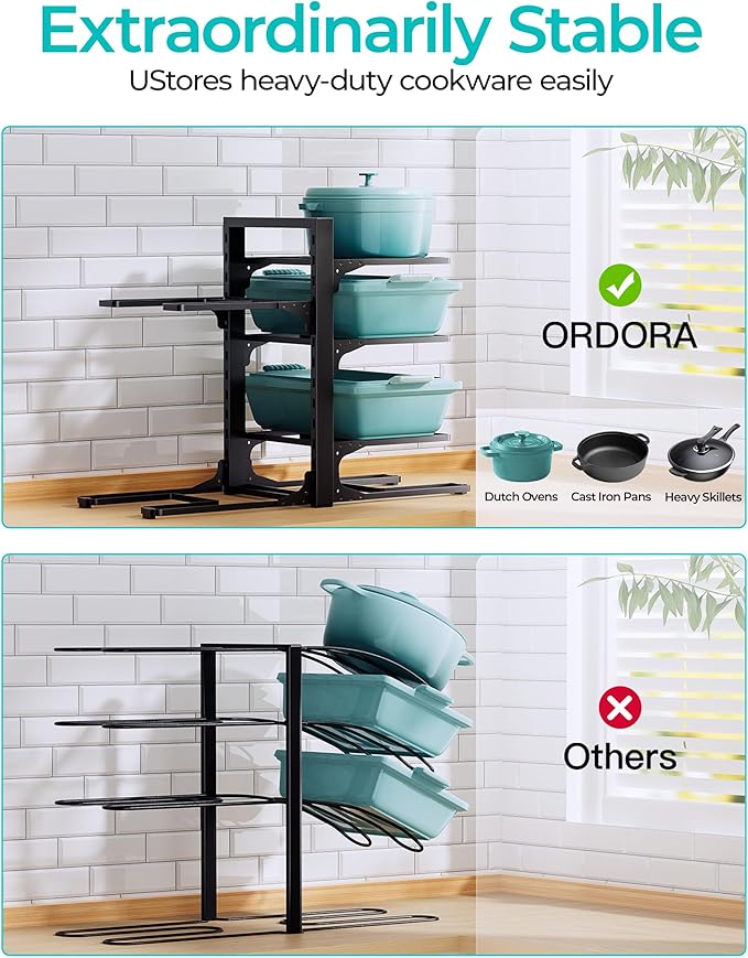 Pots and Pans Organizer Under Cabinet 13.8", 6-Tier Adjustable Rack | 2 DIY Modes, Tool-Free Assembly, Max 90 Lbs, Fits Cast Iron Pans, Dutch Ovens & Heavy Cookware, For Kitchen Cabinets