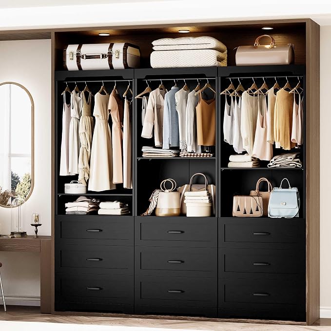 IRONCK Freestanding Closet System with Adjustable Shelves & 3 Drawers | Closet Organizer with Hanging Rod, Ideal for Bedrooms, Apartments and Small Closet Storage