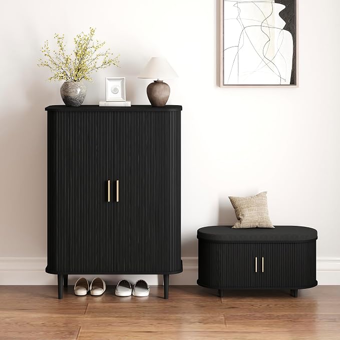 DHH Shoe Storage Cabinet with Sliding Door, 6-Tier Shoe Cabinet with Adjustable Shelves, Mid-Century Modern Freestanding Shoe Storage Organizer for Entryway, Hallway, Living Room (Black, 31.5 ")