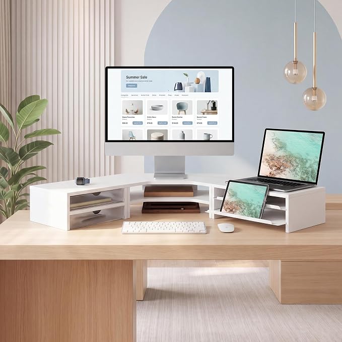 Fenge Dual Monitor Stand, Corner Desk Shelf with Drawer & Slide-Out Tray | Modular Design for Flexible Layouts, 2-Tier Storage Desktop Organizer for Computer, Laptop, Printer and Telephone