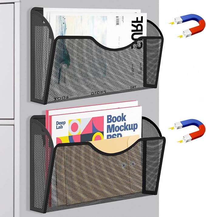 Magnetic File Holder 2 Pockets File Folder Organizer, Office Hanging Magazine Rack for Refrigerator, White Board, No Drilling Paper Document Holder Mail Organizer for File Cabinets