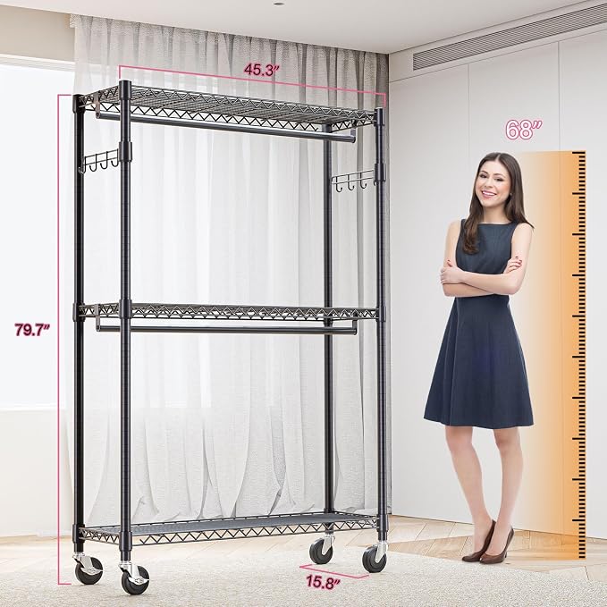 M MZG Heavy Duty Rolling Garment Rack 3 Tiers Adjustable Wire Shelving Clothes Rack with 2 Rods and Side Hooks,Storage Closet Clothing Rack with Wheels Black 15.7" D x 45.3" W x 79.6" H