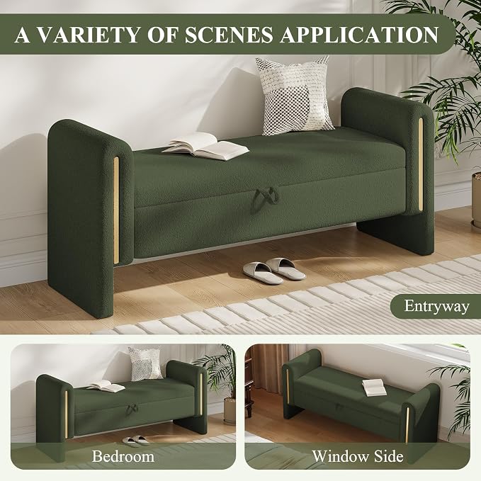 Storage Ottoman Bench, End of Bed Bench with Pull-Ring | 52" Teddy Upholstered, Window Bench with Armrest, Generous Storage, Safety Hinge, Holds 300 LBS, for Bedroom, Olive Green