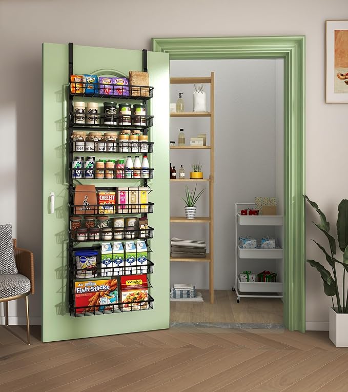 Mefirt Over The Door Pantry Organizer, Wall Mount Spice Rack 8-Tier Black | Pantry Hanging Storage and Organization, Adjustable Baskets Heavy-Duty Metal for Home & Kitchen, Back of Door Seasoning Rack