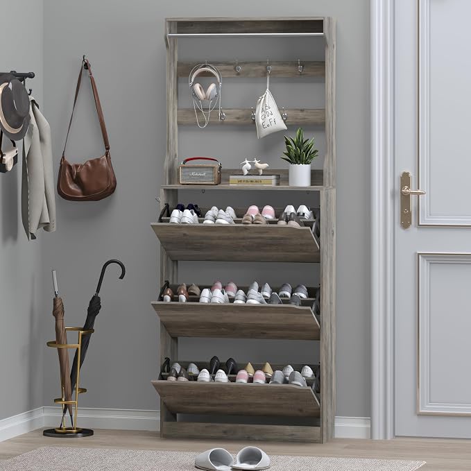 BORNOON Shoe Cabinet with 3 Flip Drawers & Coat Rack, Narrow Hidden Shoe Storage Cabinet, 2-in-1 Hall Tree Slim Freestanding Shoe Rack Organizer for Entryway, Hallway, and Living Room