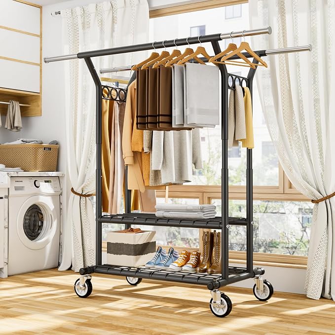 HYSEYY Heavy Duty Clothes Rack, Rolling Clothing Rack With Shelves Load 620 LBS, Double Rod Clothing Racks for Hanging Clothes, Portable& Adjustable Clothes Rack with Wheels,Black