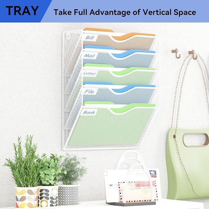5 Pockets Hanging Wall File Organizer Mail Holder, Wall Mounted Paper Document Folder Holder, Clipboard Storage Organization Magazine Rack, White