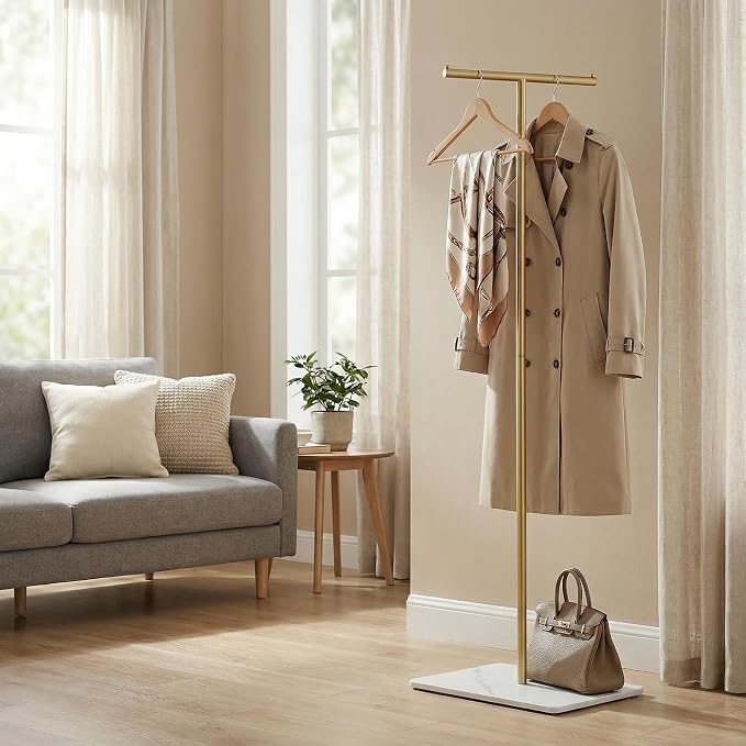 Coat Rack, T-Shaped Freestanding Metal Clothes Stand with Sintered Stone Base, Stable & Sturdy Storage for Coats, Hats, Bags, and Scarves, Ideal for Entryway, Office, and Bedroom, 15.7" x 9.8" x 66.5"