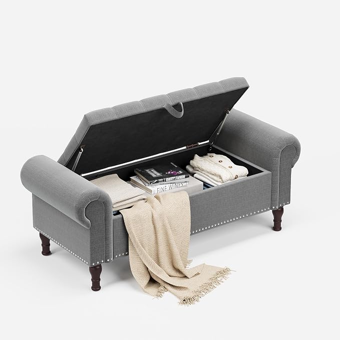 YOUDENOVA Ottoman with Storage, 51" End of Bed Bench with Rolled Arms, Upholstered Storage Bench with Vintage Rivets for Bedroom, Living Room, Entryway, Light Gray