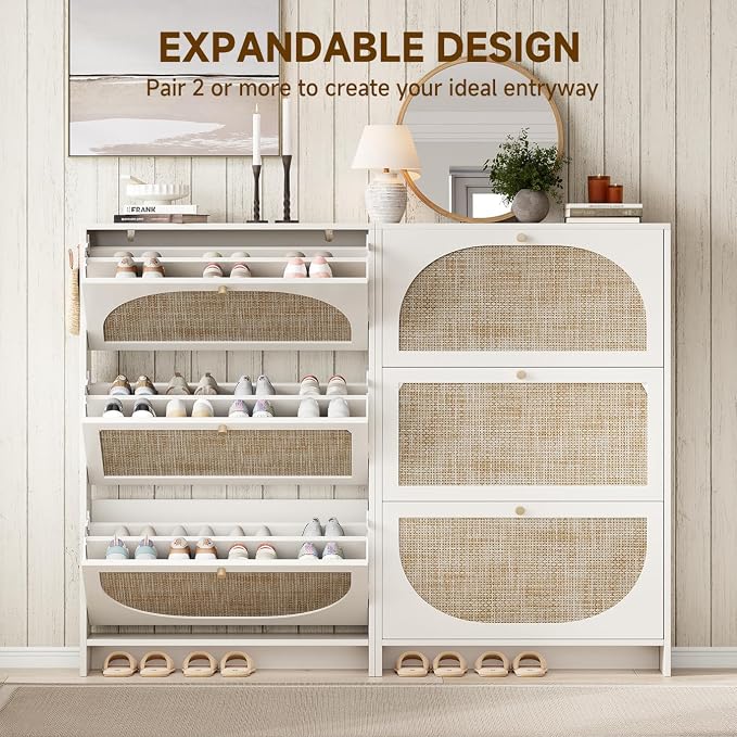 Nicetree Shoe Cabinet Storage for Entryway Slim 9.5" Freestanding Floor Base Shoe Storage Cabinet, 3 Flip Drawers with 3-Position Adjustable Divider, Holds 16-36Pairs, Bright White
