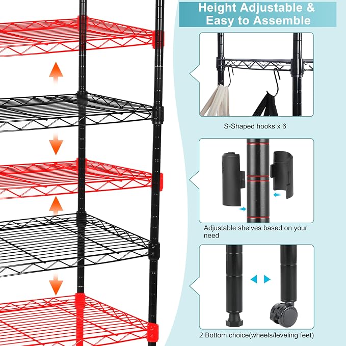 Whitmor 6 Tier Storage Shelves, Heavy Duty with Wheels, 400 lbs Capacity per Shelf, Max 2400 lbs Total, Adjustable Storage Units for Garage, Laundry, Plant, 30" L x 14" W x 70" H, Black
