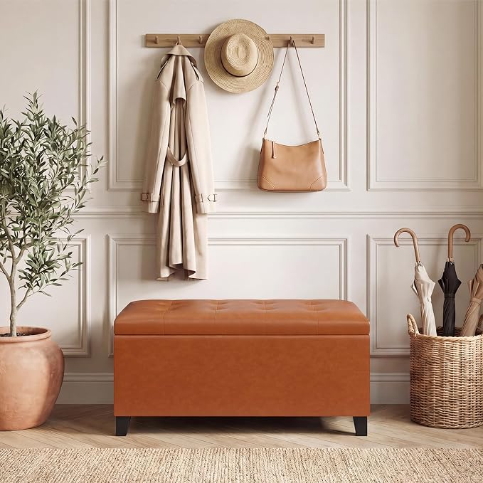 Storage Ottoman Bench, 33" Faux Leather Upholstered End of Bed Bench with Safety Hinge,Wooden Legs,for Entryway Bedroom Living Room