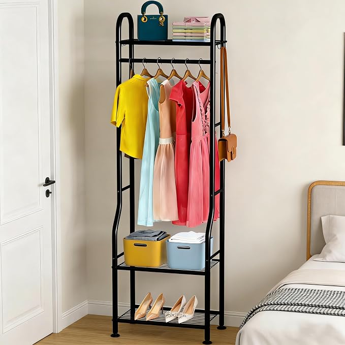 GloTika Narrow Clothes Rack - Clothing Rack with 3 Tier Metal Shelves, 71.9 Inch Tall Garment Rack with 8 Hooks, Freestanding Closet Organizer with Adjustable Leveling Feet for Small Space (Black)