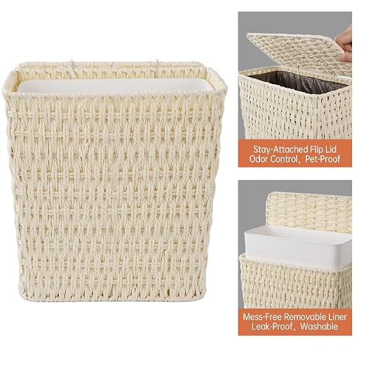 Coeusy 3 Gallon Paper Rope Bathroom Trash Can,Small Wicker Trash Cans with Lid and Liner,Woven Rattan Narrow Waste Basket for Bedroom,Office,White
