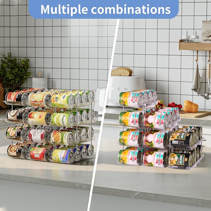 Jsyrjing Can Organizer for Pantry, 2-Tier Canned Goods Organizer 2 Pack | Automatic Rolling, Modular Flexible Combination, Extra-thick Clear Material, Cabinet Pantry Fridge Countertop Storage